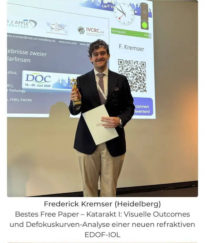 Bestes Free Paper - Katarakt I: Visuelle Outcomes und Defokuskurven-Analyse einer neuen refraktiven EDOF-IOL